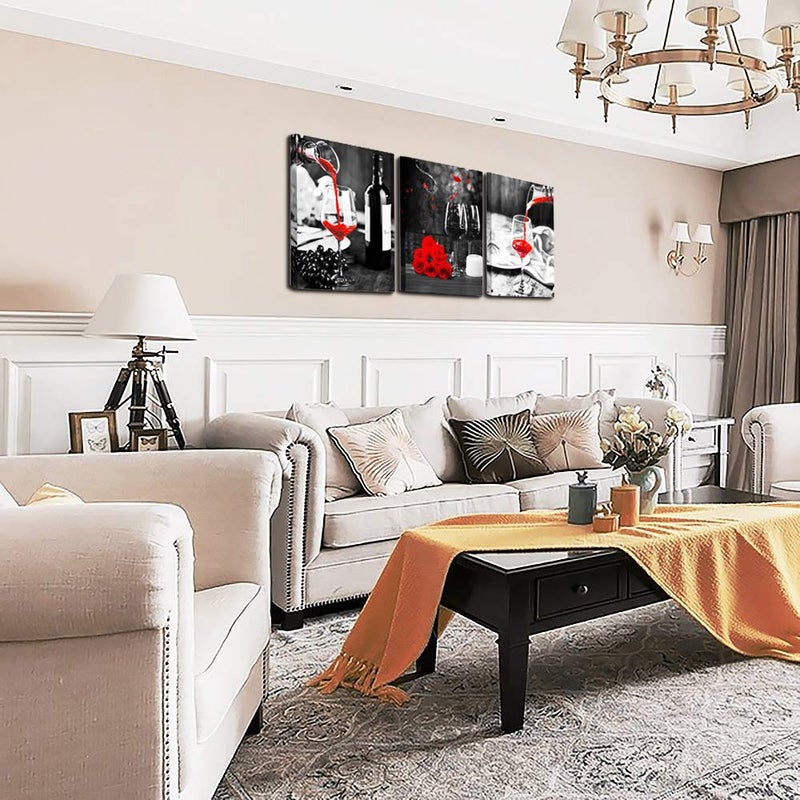 TTHYUEWS Kitchen Wall Art for dining room Wall Decor Still life Black and white Canvas art Prints Wine barrel bar Red rose painting modern family wall decorations restaurant bedroom Decor Artwork 3 piece set - Image 2